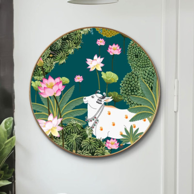 saf Large Round Pichwai Cow Wall Painting with golden frame Vinyl Sparkle laminated Digital Reprint 20 inch x 20 inch Painting(With Frame)
