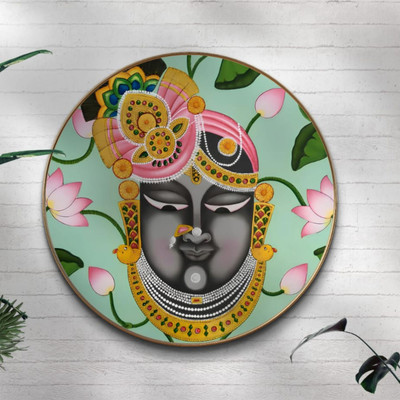 saf Large Round shreenath ji Pichwai Wall Painting with golden frame Vinyl Sparkle Digital Reprint 20 inch x 20 inch Painting(With Frame)