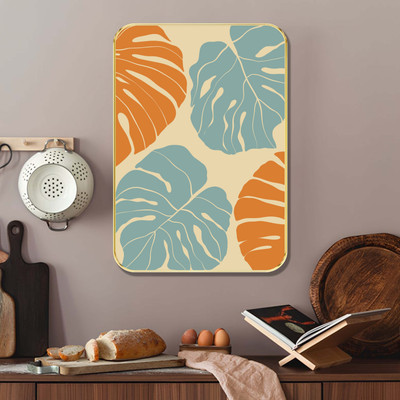 Aartify Golden Framed Wall Art – Tropical Monstera Leaf Print in Blue & Orange Digital Reprint 24 inch x 18 inch Painting(With Frame)