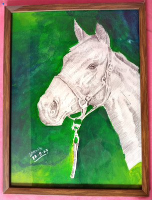 ArtLok Mart Framed Horse Sketch – Handmade Wall Painting for Home & Office Watercolor 16 inch x 12 inch Painting(With Frame)