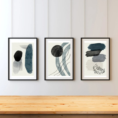 Dekozi Monochrome Abstract Wall Art | Modern Black & Grey Set for Living Room & Office Digital Reprint 8 inch x 12 inch Painting(With Frame)