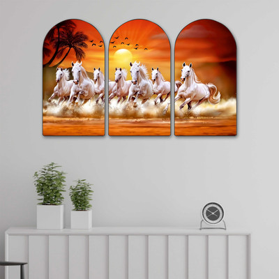 saf 7 Running Horses Wall Painting Set of 3 Vastu Positive Energy Art on MDF Panels Digital Reprint 24 inch x 36 inch Painting(With Frame, Pack of 3)