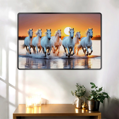 Indianara Vastu Seven Running Horses Wall Art Painting for Living | Office Room | Hotel Digital Reprint 12 inch x 18 inch Painting(With Frame)
