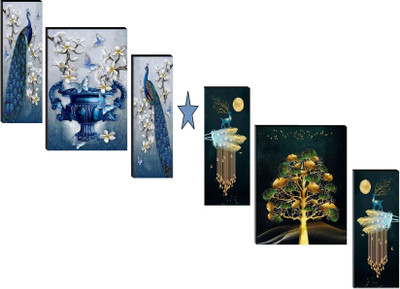 HALRE Set Of 2 Modern Art Peacock Painting With Flower Pots Wall Paintings For Decor Digital Reprint 11.5 inch x 17.5 inch Painting(Without Frame, Pack of 2)