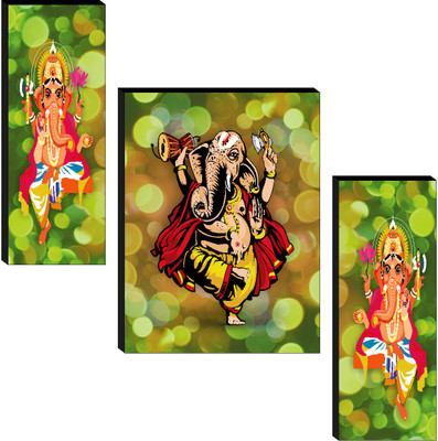 saf Ganesh Ji Wall Art | Dancing Ganesha with Blessing Multicolor Ganpati Digital Reprint 12 inch x 20 inch Painting(With Frame, Pack of 3)