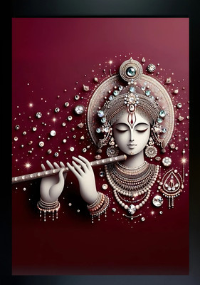 Meclay Arts Divine Krishna Photo Frame with 3D Look Diamond & Pearl Finish Acrylic 14 inch x 10 inch Painting(With Frame)