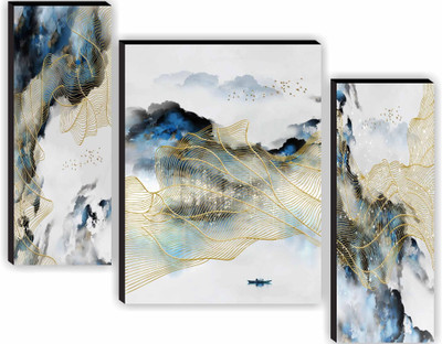 saf Abstract Golden Wave and Misty Mountain Wall Art | Modern Luxury Digital Reprint 12 inch x 20 inch Painting(Without Frame, Pack of 3)