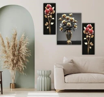 SNDArt Set Of 3 Flower Pots Floral Wall Paintings For Living Room Gift Items Digital Reprint 12 inch x 18 inch Painting(Without Frame, Pack of 3)