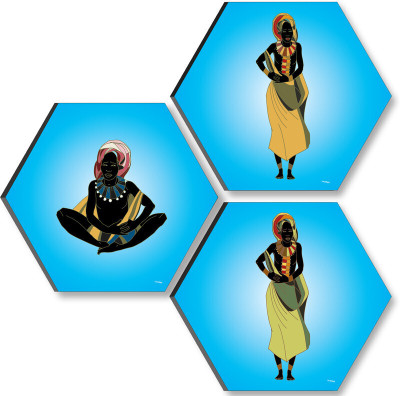 saf African Tribal Woman Hexagon MDF Wall Painting – Set of 3 | UV Textured Ethnic Digital Reprint 17 inch x 17 inch Painting(Without Frame, Pack of 3)