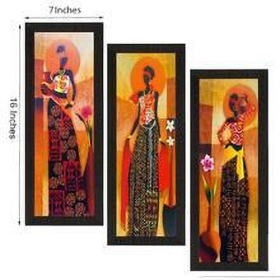 eCraftIndia Set Of 3 Tribal Village Ladies Satin Matt Textured Canvas 53.34 cm x 40.66 cm Painting(With Frame, Pack of 3)