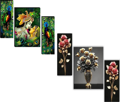 SNDArt Set Of 2 Radha Krishna With Modern Art Flower Wall Paintings For Living Room Digital Reprint 11.9 inch x 18 inch Painting(Without Frame, Pack of 3)