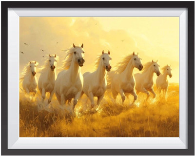 Dekozi POSTERWALA 7 Horses Vaastu Painting WallArt Digital Reprint 12 inch x 18 inch Painting(With Frame)
