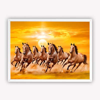 DECO THE HOME Running Horses Wall Frame | 7 Horse Painting with Sunset for Home & Office Decor Digital Reprint 16 inch x 12 inch Painting(With Frame)
