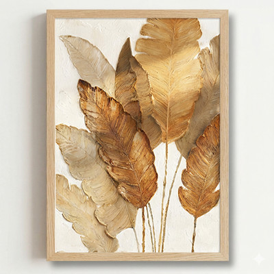 Qlixora Golden Leaf Wall Art Painting Wall Frames For Home Decor Office Living Room Digital Reprint 13 inch x 10 inch Painting(With Frame)