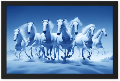 Ritwika's White Blue Seven Horse Running In Snowy Field Vastu Religious Framed Poster Digital Reprint 9.5 inch x 13.5 inch Painting(With Frame)