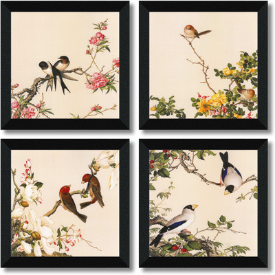 saf SET OF 4 BIRDS UV lamination Digital Reprint 19 inch x 19 inch Painting(With Frame, Pack of 4)