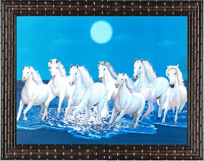 Indianara Vastu Seven Horses Painting (4454GB) -Synthetic Fame, 10 x 13 Inch Digital Reprint 13 inch x 10.2 inch Painting(With Frame)