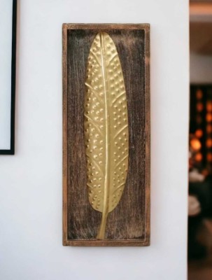 statue world Gold Feather Wall Art, Rustic Wooden Frame, Decorative Showpiece  -  50 cm(Wood, Brown)