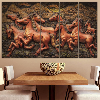 Spacter Horses Running Vastu 3D WallPainting for Living Room Office Animals Painting Watercolor 30 inch x 50 inch Painting(With Frame)