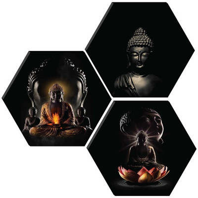 saf SET OF 3 HEXAGON BUDDHA Embossed 21 inch x 21 inch Painting(Without Frame, Pack of 3)