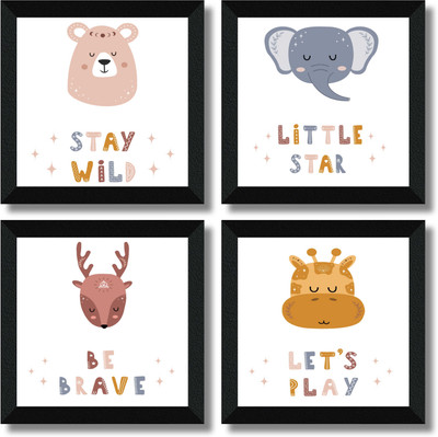 saf Set Of 4 Cute Animals Theme Painting for Kids Room And School Digital Reprint 10 inch x 10 inch Painting(With Frame, Pack of 4)