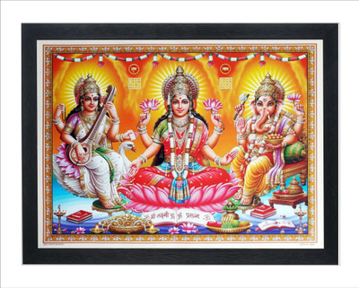Chitransh Maa Lakshmi with Saraswati and Ganesh JI Diwali Pooja Wall Mounted Painting Digital Reprint 14 inch x 10 inch Painting(With Frame)