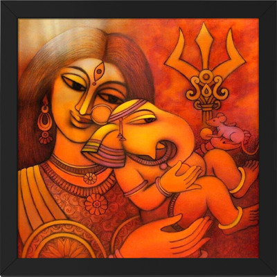 Ritwika's Parvati Ganesha Multicolored Religious Wall Art Painting Frame Digital Reprint 13.5 inch x 0.5 inch Painting(With Frame)