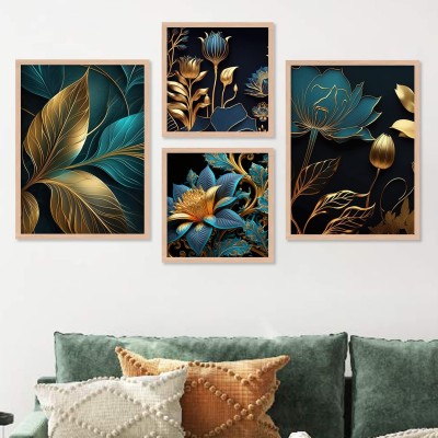Vasl Floral Theme Paintings for Living Room Wall Decor/ Flower Wall Art Frames Digital Reprint 14 inch x 11 inch Painting(With Frame, Pack of 4)