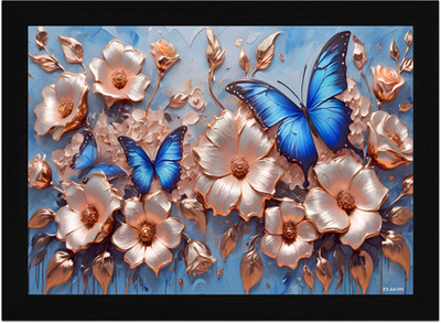 FRIZZY ARTS Blue Harmony – Butterfly & Blossom Wall Digital Reprint 20 inch x 14 inch Painting(With Frame)