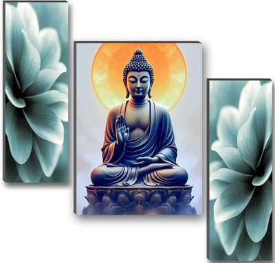saw Buddha with Aura & Floral Art UV Textured || Spiritual Wall Art || Digital Reprint 18 inch x 12 inch Painting(Without Frame, Pack of 3)