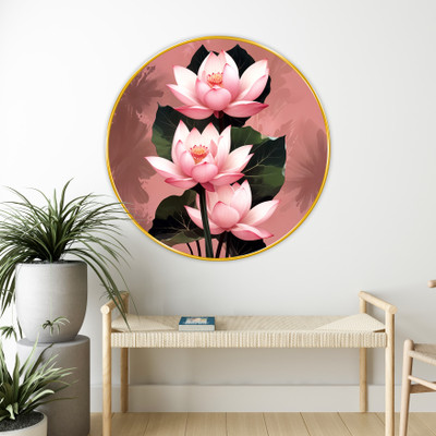 SAF PRINT Lotus Flower Round Wall Art | Elegant Pink Lotus Bloom Art with Green Leaves(Multicolor)