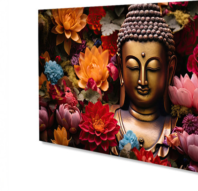 nestroots Buddha Surrounded by Vibrant Blossoms | Single Frame | 24X48 Canvas 48 inch x 24 inch Painting(With Frame)