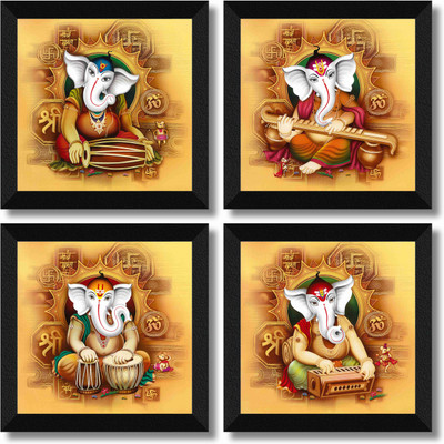 saf SET OF 4 GANESHA Digital Reprint 19 inch x 19 inch Painting(With Frame, Pack of 4)