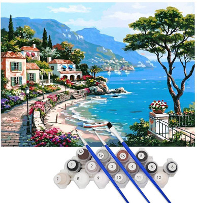 PROBEROS DIY Digital Painting by Numbers Kit Unframed Mediterranean Style on Canvas Paint Oil 17.55 inch x 12.48 inch Painting(Without Frame)