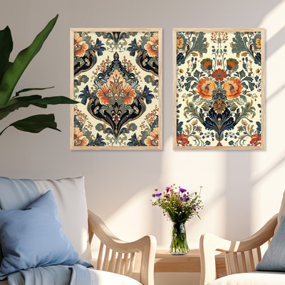 Rainbow Arts Traditional Wall Art Indian FLORAL Paintings for Living Room Set of 2 Digital Reprint 17 inch x 13 inch Painting(With Frame, Pack of 2)