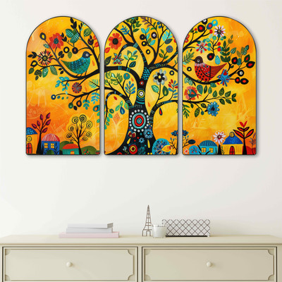 saf Colorful Tree & Bird Folk Art Wall Painting | Vibrant Abstract Artwork Digital Reprint 20 inch x 30 inch Painting(With Frame, Pack of 3)