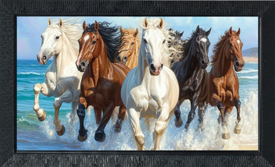 Tasvirra 7 Horses Beach Gallop Wall Art Painting for Living Room Bedroom Office Digital Reprint 12 inch x 9 inch Painting(With Frame)