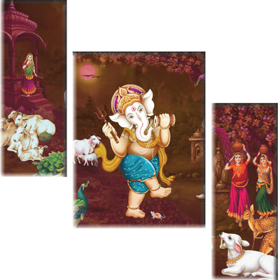 saf Divine Dancing Ganesha with Village Life & Animals – Traditional Indian MDF Art Digital Reprint 12 inch x 20 inch Painting(Without Frame, Pack of 3)
