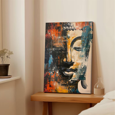 Painting Mantra Portrait Stretched Canvas Buddha Face Abstract Wall Art Print Décor Printed Canvas 22 inch x 16 inch Painting(Without Frame)
