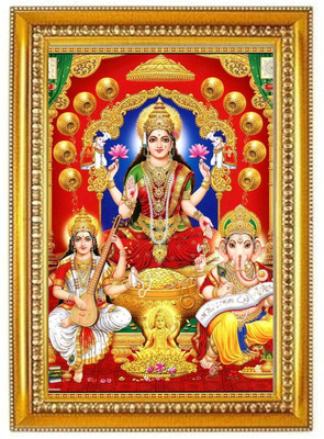 Comfy Package Maa Lakshmi Ganesh Saraswati Ji Golden Religious Photo Frame for Home & Temple Digital Reprint 12 inch x 9 inch Painting(With Frame)