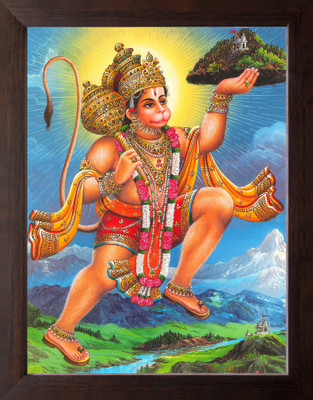 Artcoin Lord Hanuman Flying with Dronagiri Mountain Painting Frame. Digital Reprint 9 inch x 7 inch Painting(With Frame)