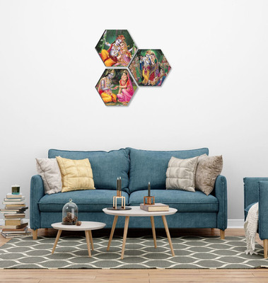 saf Radha Krishna Set OF 3 Hexagon UV Textured Self adhesive Wall Painting Digital Reprint 17 inch x 17 inch Painting(Without Frame, Pack of 3)