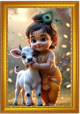 Dekofy Cute Bal Gopal with Calf Photo Frame for Pooja Room & Home Decor Digital Reprint 12 inch x 9 inch Painting(With Frame)