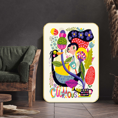 Aartify Stay Curious Kids Wall Art | Colorful Cartoon Illustration with Girl & Bird Digital Reprint 24 inch x 18 inch Painting(With Frame)