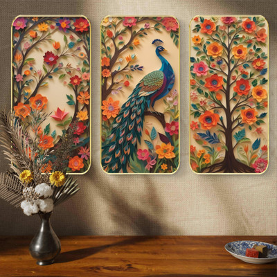 Aartify Set of 3 Peacock & Floral Tree Wall Art | Colorful Painting with Golden Border Digital Reprint 20 inch x 30 inch Painting(With Frame, Pack of 3)