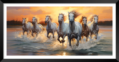 DBrush 7 running horses photo frame large size wall decor synthetic wood Digital Reprint 26 inch x 14 inch Painting(With Frame)