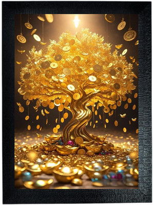 bareth brothers Tree of Wealth - A4 Gold Coin Wall Frame Digital Reprint 13 inch x 10 inch Painting(With Frame)