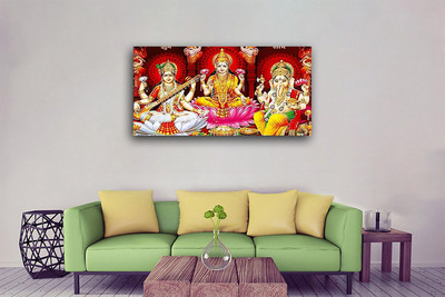 Aadee craft Laxmi Ganesh Saraswati Diwali Pooja Wall Painting – (48x24 Inch) Canvas 24 inch x 48 inch Painting(Without Frame)
