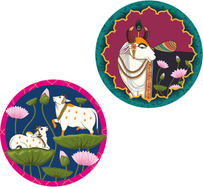 Indianara Set of 2 Pichwai Round Shape Wall Painting for living room/Home/Bedroom/Office Digital Reprint 12 inch x 12 inch Painting(Without Frame, Pack of 2)