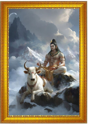Dekofy Lord Shiva with Nandi Photo Frame Wall Art Digital Reprint 12 inch x 9 inch Painting(With Frame)